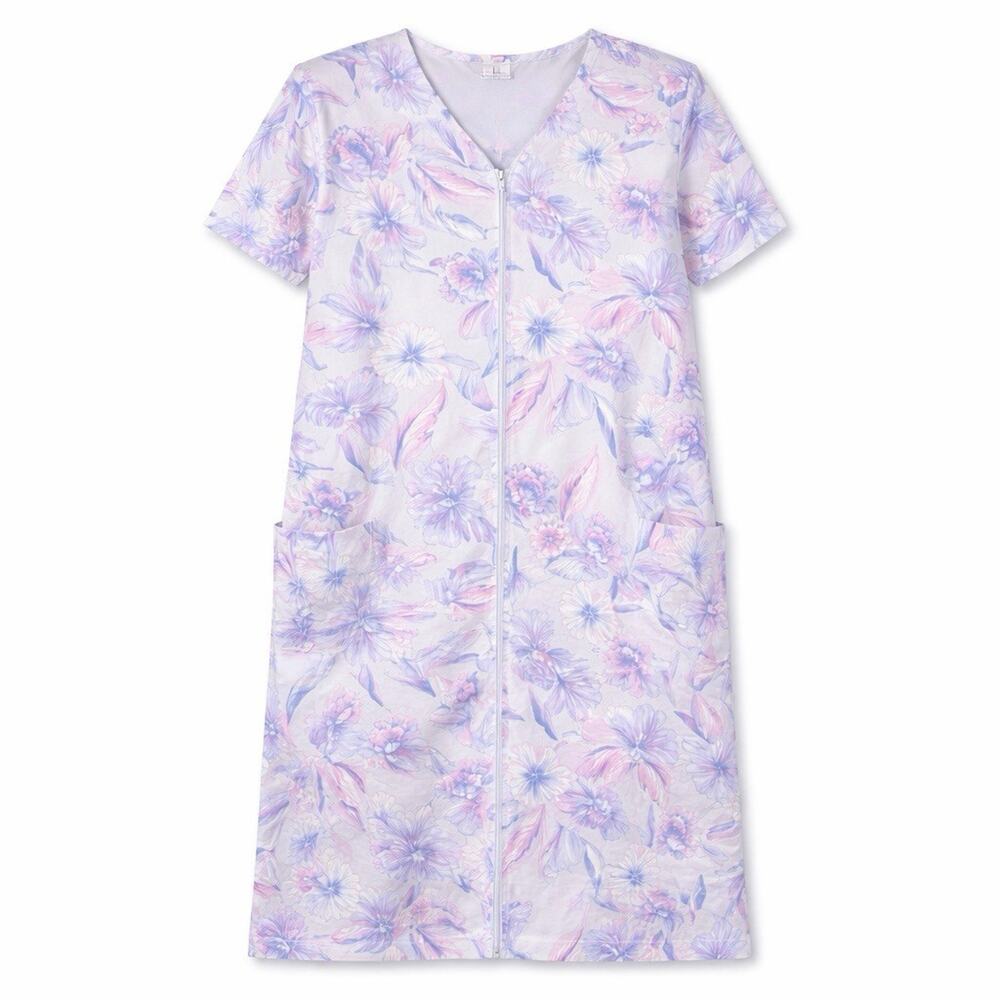 Miss Elaine Relax M Zip Front Floral House Dress Robe Pockets Pastel